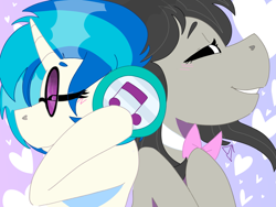 Size: 1995x1500 | Tagged: safe, artist:dsstoner, dj pon-3, octavia melody, vinyl scratch, earth pony, pony, unicorn, bowtie, bust, clothes, duo, duo female, eyes closed, female, grin, headphones, implied lesbian, implied shipping, lesbian, mare, portrait, scratchtavia, shipping, smiling