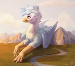 Size: 1080x960 | Tagged: safe, artist:inarimayer, derpibooru import, oc, oc only, griffon, griffon oc, macro, male, outdoors, river, smiling, solo, water, wings