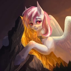 Size: 1080x1080 | Tagged: safe, artist:inarimayer, derpibooru import, oc, oc only, oc:evening skies, pegasus, pony, female, hug, macro, mare, mountain, outdoors, pegasus oc, smiling, solo, wings