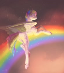 Size: 1911x2160 | Tagged: safe, artist:inarimayer, derpibooru import, oc, oc only, pegasus, pony, butt, flying, multicolored hair, outdoors, pegasus oc, plot, rainbow, rainbow hair, solo, wings