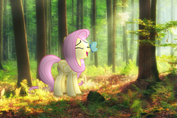Size: 721x481 | Tagged: safe, artist:icetea, derpibooru import, fluttershy, butterfly, pony, female, forest, forest background, irl, mare, nature, photo, ponies in real life, solo