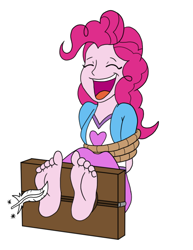 Size: 516x667 | Tagged: safe, artist:irkingir, derpibooru import, pinkie pie, equestria girls, barefoot, feather, feet, fetish, foot fetish, foot focus, laughing, magic, rope, simple background, soles, stocks, telekinesis, tickle torture, tickling, tied up, white background
