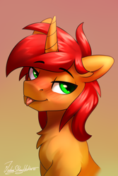 Size: 2000x3000 | Tagged: safe, artist:jedayskayvoker, derpibooru import, oc, oc only, oc:rayven, pony, unicorn, blushing, bust, chest fluff, eyebrows, eyebrows visible through hair, fluffy, gradient background, high res, horn, icon, looking at you, male, mlem, patreon, patreon reward, portrait, raised eyebrow, silly, smiling, smiling at you, solo, stallion, tongue, tongue out, unicorn oc