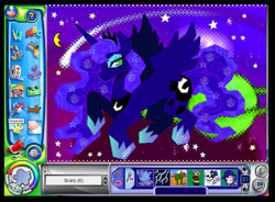 Size: 1040x766 | Tagged: safe, artist:prrplefungal, derpibooru import, princess luna, alicorn, pony, female, flying, hoof shoes, jewelry, kid pix, moon, nostalgia, planet, raised hooves, regalia, shooting star, sky, solo, stars