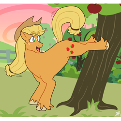 Size: 1200x1200 | Tagged: safe, artist:greenarsonist, derpibooru import, applejack, earth pony, pony, apple, apple tree, applebucking, applejack's hat, bucking, clothes, cowboy hat, freckles, hat, smiling, solo, tree, unshorn fetlocks