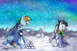 Size: 3000x2000 | Tagged: safe, artist:littletigressda, derpibooru import, rainbow dash, soarin', pony, clothes, scarf, snow, snowball, snowball fight, snowfall, striped scarf