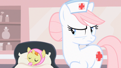 Size: 1920x1080 | Tagged: safe, derpibooru import, screencap, nurse redheart, pumpkin cake, earth pony, pony, unicorn, baby cakes, season 2, baby, eyes closed, female, hat, mare, nurse hat, smiling, tired