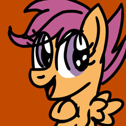 Size: 768x768 | Tagged: safe, artist:danielthebrony57, derpibooru import, scootaloo, pegasus, pony, g4, cute, cutealoo, eye clipping through hair, fangirl, female, filly, foal, majestic, open mouth, open smile, orange background, profile, profile picture, simple background, smiling, solo, underhoof