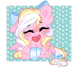 Size: 2485x2136 | Tagged: safe, artist:emberslament, derpibooru import, oc, oc only, oc:bay breeze, pegasus, pony, blushing, bow, chibi, clothes, cute, eyes closed, female, hair bow, heart, mare, mouth hold, ocbetes, one ear down, pegasus oc, simple background, sitting, socks, solo, striped socks, tail, tail bow, transparent background