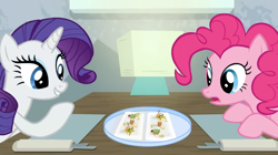 Size: 920x516 | Tagged: safe, derpibooru import, screencap, pinkie pie, rarity, earth pony, pony, unicorn, season 6, spice up your life, duo, duo female, female, food, hors d'oeuvre, lamp, mare, rarity looking at food, restaurant