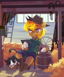 Size: 3412x4096 | Tagged: safe, artist:saxopi, derpibooru import, oc, oc only, cat, earth pony, semi-anthro, barrel, brown eyes, cellphone, clothes, colored pupils, commission, cup, eyebrows, eyebrows visible through hair, hat, hay, hay bale, high res, hoof hold, hoof shoes, ladder, pants, phone, shirt, sitting, sleeping, solo, wheel, whiskers, yellow mane