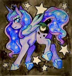 Size: 530x555 | Tagged: safe, artist:prrplefungal, derpibooru import, princess luna, alicorn, female, hoof shoes, looking back, solo, stars, traditional art, watercolor painting