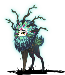 Size: 3501x4000 | Tagged: safe, artist:orin331, derpibooru import, gaea everfree, deer, equestria girls, legend of everfree, antlers, black sclera, branches, branches for antlers, bushy brows, deerified, doe, female, glowing, glowing eyes, high res, magic, magic aura, mud, quadrupedal, simple background, species swap, transparent background