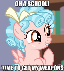 Size: 500x556 | Tagged: safe, derpibooru import, edit, edited screencap, screencap, cozy glow, pegasus, pony, bow, caption, cozy glow's bow, cozybetes, cropped, cute, female, filly, foal, freckles, gritted teeth, hair bow, image macro, imgflip, implied school shooting, pure concentrated unfiltered evil of the utmost potency, pure unfiltered evil, smiling, text, this will end in school shooting, watermark