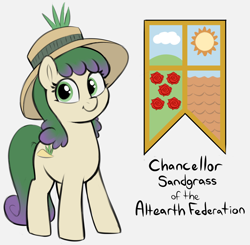 Size: 1970x1932 | Tagged: safe, artist:heretichesh, derpibooru import, oc, oc only, oc:chancellor sandgrass, earth pony, pony, colored, female, flag, hat, looking at you, mare, simple background, solo, sun hat
