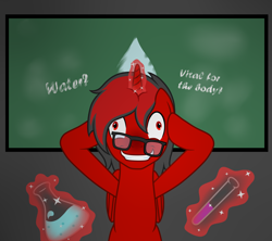 Size: 1800x1600 | Tagged: safe, artist:1mber_angul, derpibooru import, oc, oc only, oc:lancris, alicorn, pony, alicorn oc, bipedal, chemicals, crazy face, darkness, erlenmeyer flask, experiment, faic, flask, horn, insanity, magic, science, simple background, slate, spectacles, text, vial, wings