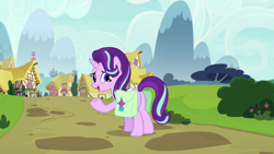 Size: 1920x1080 | Tagged: safe, derpibooru import, screencap, starlight glimmer, pony, unicorn, rock solid friendship, season 7, bag, butt, female, glimmer glutes, looking back, mare, open mouth, plot, raised hoof, raised leg, saddle bag, smiling, solo