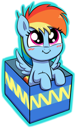 Size: 1749x2931 | Tagged: safe, artist:heretichesh, derpibooru import, rainbow dash, pegasus, fanfic:my little dashie, blushing, box, colored, cute, dashabetes, female, filly, filly rainbow dash, foal, looking at you, simple background, smiling, spread wings, transparent background, wings, younger