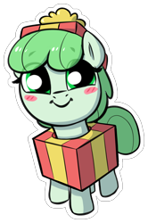 Size: 978x1475 | Tagged: safe, artist:heretichesh, derpibooru import, oc, oc only, earth pony, pony, blushing, eye clipping through hair, eyebrows, eyebrows visible through hair, eyelashes, female, filly, foal, gift box, looking at you, present, simple background, smiling, smiling at you, solo, transparent background, unnamed oc