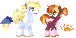 Size: 800x400 | Tagged: safe, artist:artistcoolpony, derpibooru import, oc, oc only, oc:sunny harvest, oc:thunderclap, earth pony, pegasus, pony, blaze (coat marking), brother and sister, chest fluff, coat markings, colored pupils, colored wings, colored wingtips, duo, ear piercing, earring, earth pony oc, facial markings, female, folded wings, freckles, frown, full body, green eyes, jewelry, looking at each other, looking at someone, male, mare, multicolored mane, multicolored tail, offspring, open mouth, open smile, parent:big macintosh, parent:rainbow dash, parents:rainbowmac, pegasus oc, piercing, ponytail, siblings, simple background, smiling, socks (coat marking), stallion, standing, tail, transparent background, unshorn fetlocks, wall of tags, wings