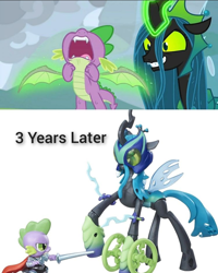 Size: 720x900 | Tagged: safe, derpibooru import, edit, edited screencap, editor:zcord, screencap, queen chrysalis, spike, changeling, changeling queen, dragon, the ending of the end, cape, clothes, comic, female, horn, screencap comic, spikeabuse, sword, toy, weapon, wheel, wings