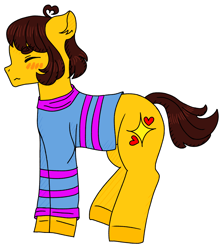 Size: 1418x1580 | Tagged: safe, alternate version, artist:samble, derpibooru import, earth pony, pony, blush sticker, blushing, clothes, cutie mark, egg, frisk, hatching, nonbinary, outline, ponified, simple background, sweater, transparent background, undertale, white outline