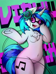 Size: 3122x4096 | Tagged: safe, alternate version, artist:canvymamamoo, derpibooru import, dj pon-3, vinyl scratch, semi-anthro, unicorn, abstract background, belly button, breasts, chest fluff, clothes, ear fluff, ears, eyebrows, eyebrows visible through hair, female, frog (hoof), headphones, looking at you, open mouth, see-through, smiling, solo, starry eyes, sunglasses, underhoof, wide hips, wingding eyes