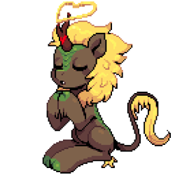 Size: 640x640 | Tagged: safe, artist:hikkage, oc, oc only, oc:sunny glow, kirin, ambiguous gender, cloven hooves, commission, eyes closed, heart, hooves together, horn, kirin oc, open mouth, pixel art, praying, simple background, sitting, solo, transparent background