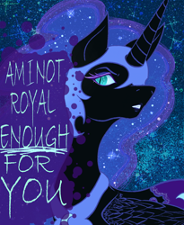 Size: 900x1100 | Tagged: safe, artist:leonberi, derpibooru import, nightmare moon, alicorn, pony, bust, ethereal mane, female, mare, portrait, solo, talking to viewer