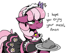 Size: 800x600 | Tagged: artist needed, safe, ponerpics import, cheerilee, earth pony, pony, annoyed, blushing, clothes, collar, colored, cutie mark on clothes, dialogue, dress, ears, female, floppy ears, flower, flower in hair, frown, green eyes, holding, implied anon, looking forward, maid, maid headdress, maid outfit, mare, monochrome, pet tag, pink mane, pink tail, platter, serving tray, simple background, sketch, solo, two toned mane, two toned tail, unamused, white background