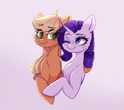 Size: 1840x1634 | Tagged: safe, artist:_alixxie_, derpibooru import, applejack, rarity, earth pony, pony, unicorn, blushing, chest fluff, duo, female, lesbian, looking at each other, looking sideways, mare, one eye closed, rarijack, shipping, simple background, smiling, smiling at each other, snuggling, white background, wink