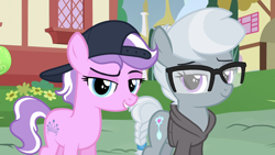 Size: 1280x720 | Tagged: safe, alternate version, derpibooru import, edit, edited screencap, editor:deserter, screencap, diamond tiara, silver spoon, earth pony, pony, twilight time, alternate hairstyle, backwards ballcap, baseball cap, braided tail, cap, clothes, duo, duo female, female, filly, foal, glasses, grin, hat, hoodie, lidded eyes, looking at you, semi-rimmed glasses, short hair, smiling, smiling at you, smirk, smug, tomboy