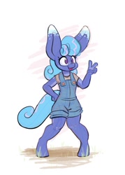 Size: 1000x1400 | Tagged: safe, artist:heir-of-rick, oc, oc only, oc:sapphire lollipop, anthro, earth pony, unguligrade anthro, female, hand on hip, overalls, peace sign, simple background, solo, tongue, tongue out, white background