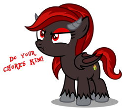 Size: 3610x3210 | Tagged: safe, artist:strategypony, derpibooru import, oc, oc only, oc:kim stone, demon, demon pony, monster pony, original species, pony, angry, cute, female, filly, foal, horns, lazy, madorable, simple background, transparent background, wings
