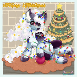 Size: 1000x1000 | Tagged: safe, artist:ghostfox, derpibooru import, oc, pony, unicorn, christmas, christmas lights, christmas tree, cloud, cute, holiday, solo, tree