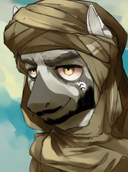 Size: 1560x2100 | Tagged: safe, artist:cadillacdynamite, derpibooru import, oc, oc only, zebra, equestria at war mod, bust, facial hair, male, portrait, solo, stallion, tuareg, zebra oc