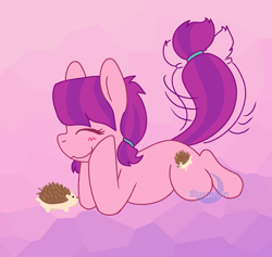 Size: 1309x1242 | Tagged: safe, artist:bluemoon, derpibooru import, lily longsocks, earth pony, hedgehog, pony, animal, background pony, cute, female, filly, foal, happy, school filly, solo, tail, tail wag