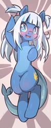 Size: 500x1250 | Tagged: safe, artist:renpcarts, derpibooru import, oc, oc only, original species, pony, semi-anthro, shark, shark pony, blushing, body pillow, body pillow design, fish tail, gawr gura, hololive, hololive eng, looking at you, pigtails, ponified, sharp teeth, tail, teeth, twintails, vtuber