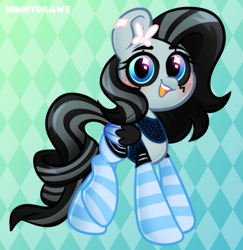 Size: 2321x2384 | Tagged: safe, artist:ninnydraws, derpibooru import, oc, oc:achromia, pegasus, pony, robot, robot pony, bow, clothes, freckles, socks, solo, striped socks