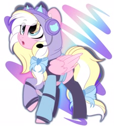 Size: 1853x2048 | Tagged: safe, artist:emberslament, derpibooru import, oc, oc only, oc:bay breeze, pegasus, pony, bow, cat ears, clothes, female, hair bow, headphones, headset, mare, microphone, open mouth, socks, solo, tail, tail bow, thigh highs, wings