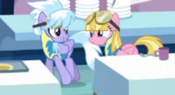 Size: 860x469 | Tagged: safe, derpibooru import, screencap, cloud kicker, meadow flower, pegasus, wonderbolts academy, clothes, female, uniform, walking, wonderbolt trainee uniform