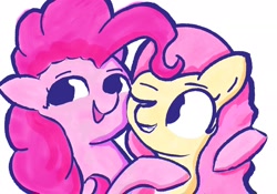 Size: 2388x1668 | Tagged: safe, artist:solid shrimp, derpibooru import, fluttershy, pinkie pie, earth pony, pegasus, pony, duo, duo female, female, grin, hug, one eye closed, open mouth, open smile, smiling