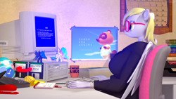 Size: 3840x2160 | Tagged: safe, artist:silkworm205, derpibooru import, derpy hooves, princess celestia, princess luna, anthro, earth pony, 3d, blue screen of death, breasts, business suit, businessmare, clothes, computer, computer chair, computer mouse, computer screen, derpy loaves, desk, desktop, female, floppy disk, folded wings, food, glasses, high res, i just don't know what went wrong, keyboard, magnet, muffin, revamped anthros, solo, source filmmaker, this will not end well, toy, wavy mouth, wings