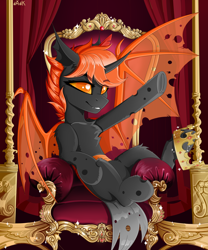 Size: 4000x4800 | Tagged: safe, artist:rainbowfire, derpibooru import, oc, oc only, oc:teen spirit, alicorn, bat pony, changeling, hybrid, pony, :3, :p, absurd resolution, armchair, beautiful, chest fluff, crown, detailed, evil grin, eye clipping through hair, eyebrows, eyebrows visible through hair, fangs, female, fluffy, food, gold, gray, grayscale, grin, hybrid oc, jewelry, kingdom, kingdom hearts, looking at you, mare, might, monochrome, orange, orange changeling, orange eyes, orange mane, princess, raised hoof, raised leg, regalia, relaxing, ruby, sitting, smiling, smiling at you, solo, spread wings, throne, tongue, tongue out, treasure, wings