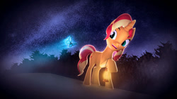 Size: 1280x720 | Tagged: safe, artist:nebby14, derpibooru import, sunset shimmer, butterfly, pony, unicorn, equestria girls, 3d, 4k, 4k resolution, female, forest, glowing, grass, happy, lantern, mare, night, open mouth, open smile, poster, raised hoof, raised leg, smiling, source filmmaker, stars, wallpaper