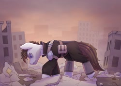 Size: 2048x1448 | Tagged: safe, artist:dandy, derpibooru import, oc, oc only, earth pony, pony, blue eyes, building, clothes, digital art, earth pony oc, giant pony, gray coat, looking down, macro, male, pouch, raffle prize, rubble, ruins, solo, stallion, street sign