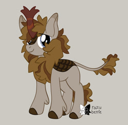 Size: 1280x1249 | Tagged: safe, artist:razu-berrie, derpibooru import, oc, oc only, kirin, eyebrows, eyebrows visible through hair, gray background, kirin oc, simple background, smiling, solo, standing, tail, watermark