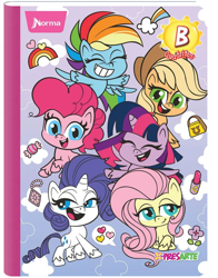Size: 782x1000 | Tagged: safe, derpibooru import, applejack, fluttershy, pinkie pie, rainbow dash, rarity, twilight sparkle, twilight sparkle (alicorn), alicorn, earth pony, pegasus, pony, my little pony: pony life, 2d, candy, cloud, colombia, confident, copybook, design, flower, flying, food, happy, heart, merchandise, norma, official, rainbow, shy, smiling, x-presarte