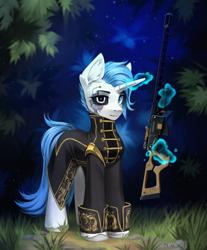 Size: 2069x2500 | Tagged: safe, artist:inowiseei, derpibooru import, oc, pony, robot, robot pony, unicorn, clothes, magic, solo, weapon