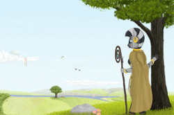 Size: 2004x1330 | Tagged: safe, artist:xodok, derpibooru import, zecora, anthro, series:ponyashnost, clothes, cloud, cloudsdale, field, flower, forest, jewelry, mountain, river, scenery, solo, staff, stone, tree, water